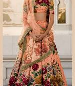 Peach Embroidered Art Silk Semi Stitched Lehenga