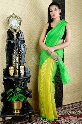 Green And Yellow Jamdani With Thread Weave 1