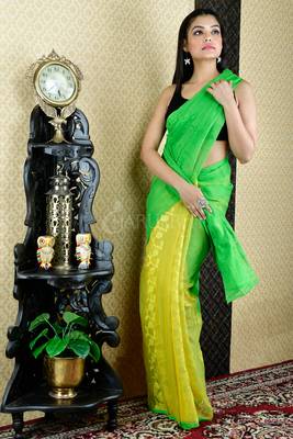 Green And Yellow Jamdani With Thread Weave 2