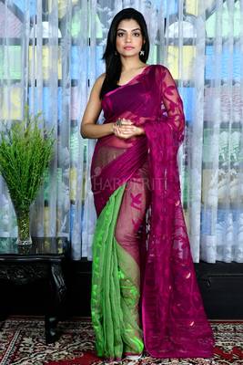 Magenta And Green Jamdani With Thread Weave 1