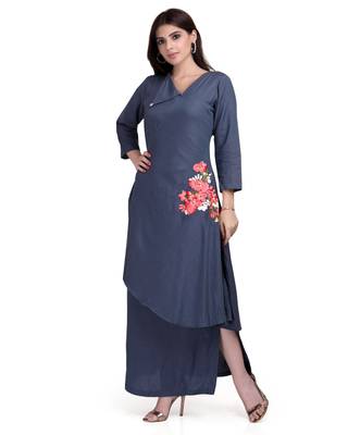 Grey Embroidered Long Ethnic Kurtis 1