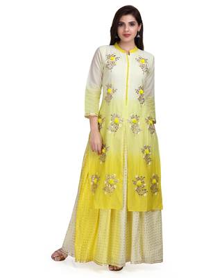 Yellow Embroidered Long Ethnic Kurtis 1