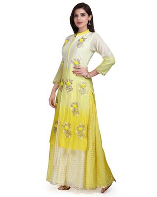 Yellow Embroidered Long Ethnic Kurtis 3