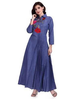 Blue Embroidered Long Ethnic Kurtis 1