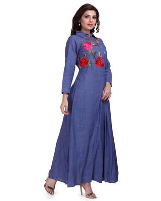 Blue Embroidered Long Ethnic Kurtis 5