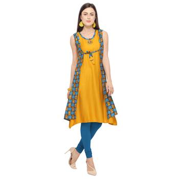 Mustard printed rayon party-wear-kurtis 2