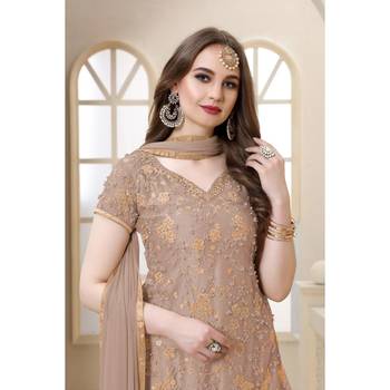 Rosybrown Color  Embroidered Moti Work Net  Sharara suit 4