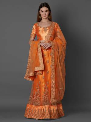 Orange embroidered art silk unstitched lehenga 1