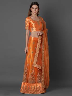 Orange embroidered art silk unstitched lehenga 2
