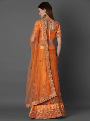 Orange embroidered art silk unstitched lehenga 3