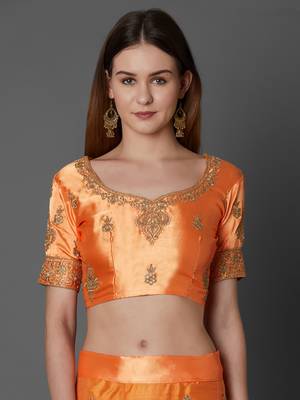 Orange embroidered art silk unstitched lehenga 4
