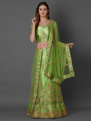 Green embroidered art silk unstitched lehenga 1