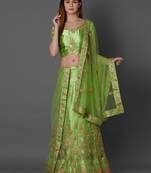 Green embroidered art silk unstitched lehenga