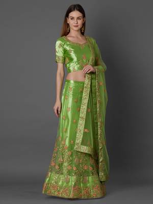 Green embroidered art silk unstitched lehenga 2