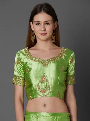 Green embroidered art silk unstitched lehenga 4