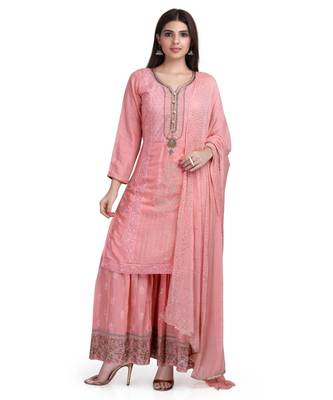 Pink Peach Cotton Silk Kurta Sharara & Dupatta Embroidered Ethnic Set 1