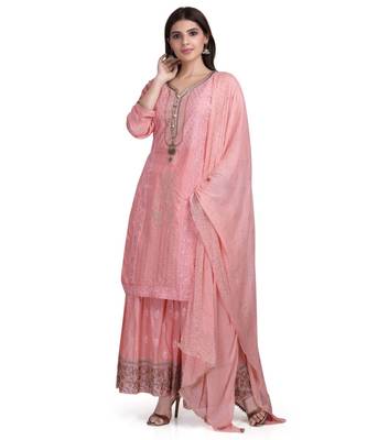 Pink Peach Cotton Silk Kurta Sharara & Dupatta Embroidered Ethnic Set 2