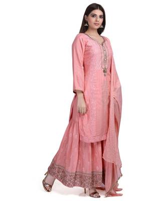 Pink Peach Cotton Silk Kurta Sharara & Dupatta Embroidered Ethnic Set 3
