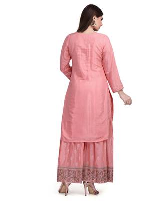 Pink Peach Cotton Silk Kurta Sharara & Dupatta Embroidered Ethnic Set 4