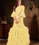 Yellow plain georgette ruffle saree with blouse