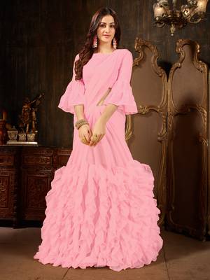 Pink plain georgette ruffle saree with blouse 1