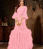 Pink plain georgette ruffle saree with blouse
