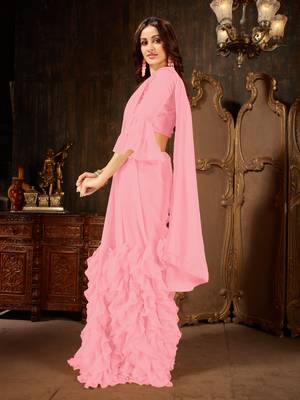 Pink plain georgette ruffle saree with blouse 2