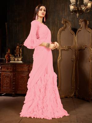 Pink plain georgette ruffle saree with blouse 3