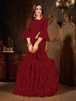Maroon plain georgette ruffle saree with blouse 1