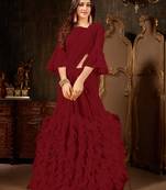 Maroon plain georgette ruffle saree with blouse