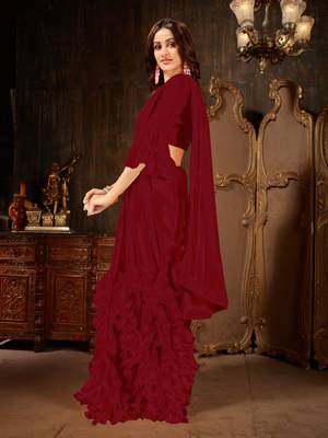 Maroon plain georgette ruffle saree with blouse 2