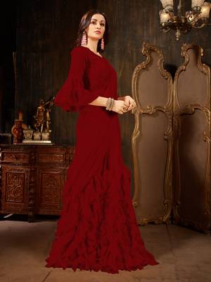 Maroon plain georgette ruffle saree with blouse 3