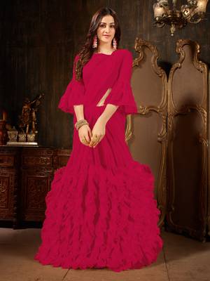 Magenta plain georgette ruffle saree with blouse 1