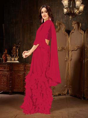 Magenta plain georgette ruffle saree with blouse 2