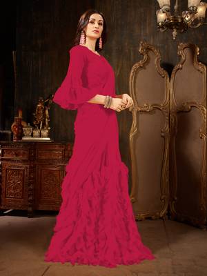 Magenta plain georgette ruffle saree with blouse 3