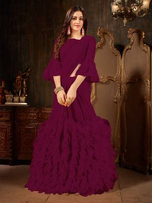 Wine plain georgette ruffle saree with blouse 1