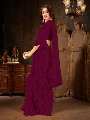 Wine plain georgette ruffle saree with blouse 2