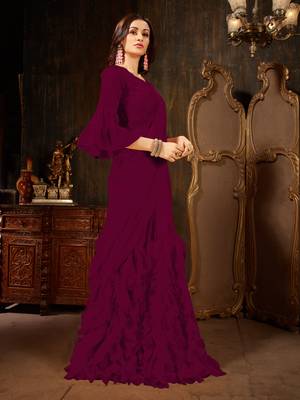 Wine plain georgette ruffle saree with blouse 3