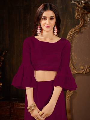 Wine plain georgette ruffle saree with blouse 4