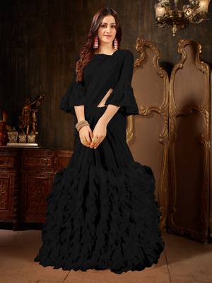 Black plain georgette ruffle saree with blouse 1