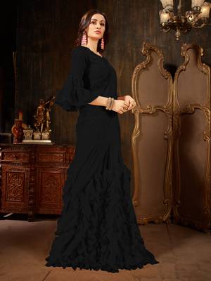 Black plain georgette ruffle saree with blouse 3