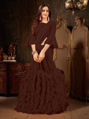 Brown plain georgette ruffle saree with blouse 1