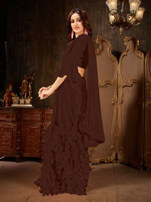 Brown plain georgette ruffle saree with blouse 2