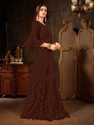 Brown plain georgette ruffle saree with blouse 3