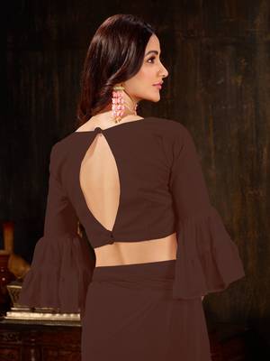 Brown plain georgette ruffle saree with blouse 5