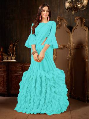 Sky blue plain georgette ruffle saree with blouse 1