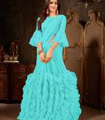 Sky blue plain georgette ruffle saree with blouse