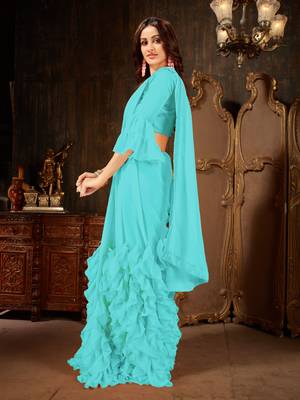 Sky blue plain georgette ruffle saree with blouse 2