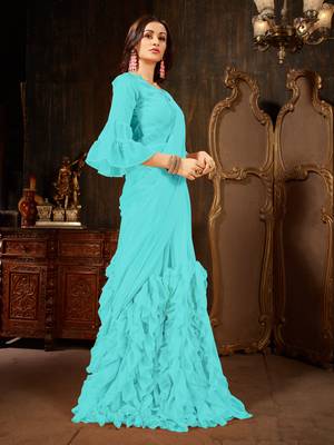 Sky blue plain georgette ruffle saree with blouse 3