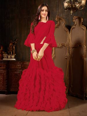 Red plain georgette ruffle saree with blouse 1